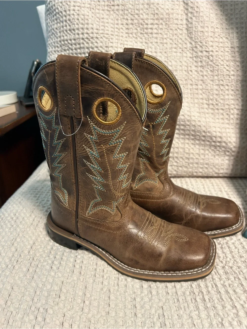 Kids Brown Pull-On Western Cowboy Boots with Decorative Stitching